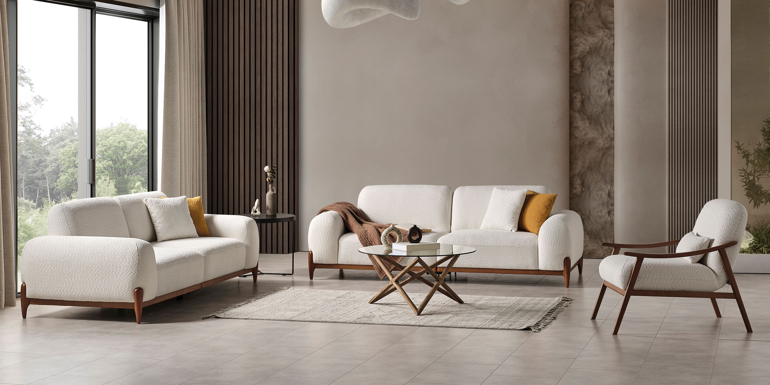 Modern Bonbon Sofa Set featuring cream bouclé fabric, a stylish wooden frame, and embodying Quality Inegol furniture craftsmanship.