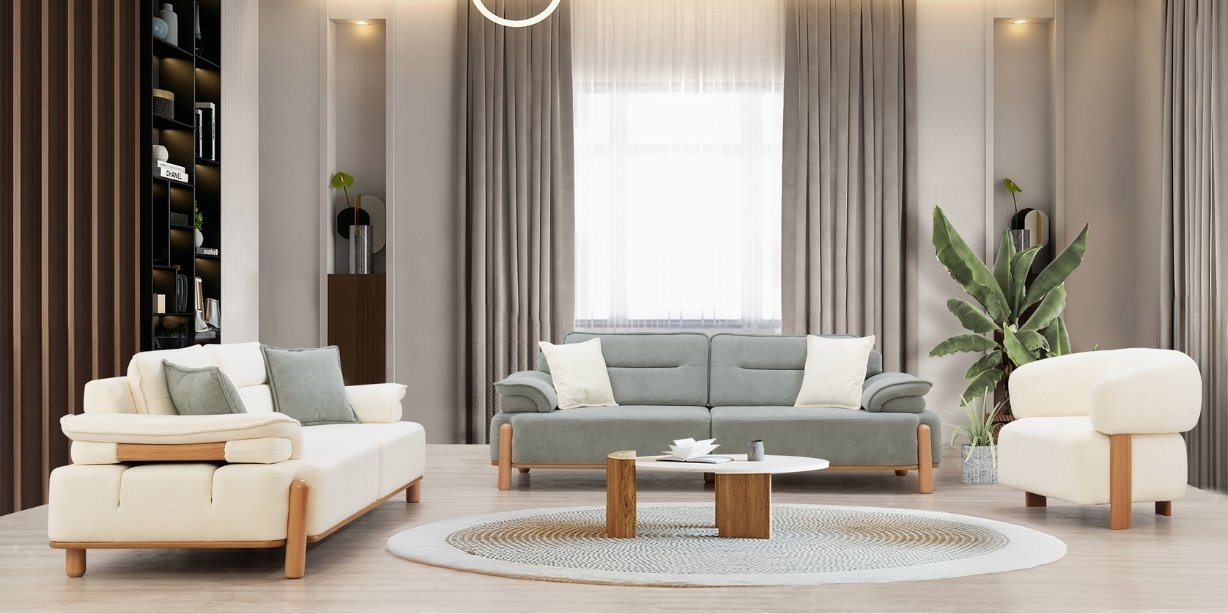 Modern Jaguar Koltuk Takımı, gri ve krem renkleri, ahşap detayları ile inegol mobilya kalitesini yansıtan konforlu bir salon takımı.