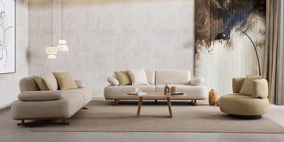Bej rengi, modern tasarımlı Loft Koltuk Takımı ile dekore edilmiş şık bir salon. Kaliteli İnegöl mobilya konforunu yansıtan bu takım, ahşap detaylar ve minimalist aksesuarlarla tamamlanmıştır.
