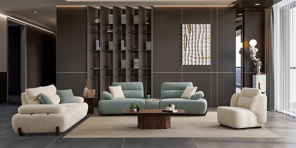Comfortable Versace Bohemian Sofa Set featuring cream three-seater, mint green two-seaters, and armchair showcasing modern Inegol furniture style.