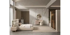 Modern Megaron Yatak Odası Takımı, konforlu bej yatağı, komodinleri, aydınlatmalı makyaj masası, gold detaylı aynası ve cam kapaklı gardırobuyla dikkat çekiyor. En cazip inegöl mobilya kampanyaları ile evinize şıklık katın.