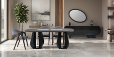Hazal Dining Room Set with dark curved leg table, blue upholstered chairs, and oval mirrored console