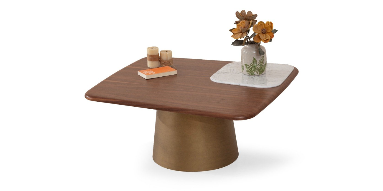 Modern style Bueno coffee table with walnut-colored wood top, white marble accent, and brass-look metal base. Inegol furniture quality.