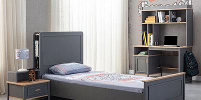 Modern gri ve ahşap detaylı Best Genç Odası Takımı, yatak, entegre çalışma masası ve komodin içerir. Uygun Fiyatlı inegöl mobilya arayanlar için ideal.