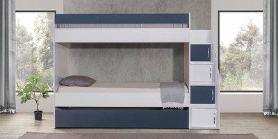 Geniş depolama alanına sahip, mavi ve beyaz renklerde modern Complex ranza. Fonksiyonel merdivenli İnegöl mobilyası.