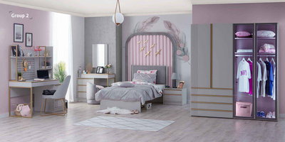 Pembe detaylı, gri ve beyaz renklerde, altın aksanlarla zenginleştirilmiş modern Elegant Genç Odası takımı, Kaliteli İnegöl mobilya.