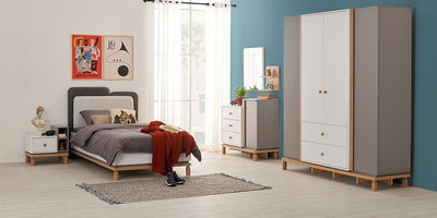 Gray Genç Odası takımı, modern çizgileri ve İnegöl mobilyası kalitesiyle yatak, gardırop ve şifonyer içerir. Genç odaları için ideal.