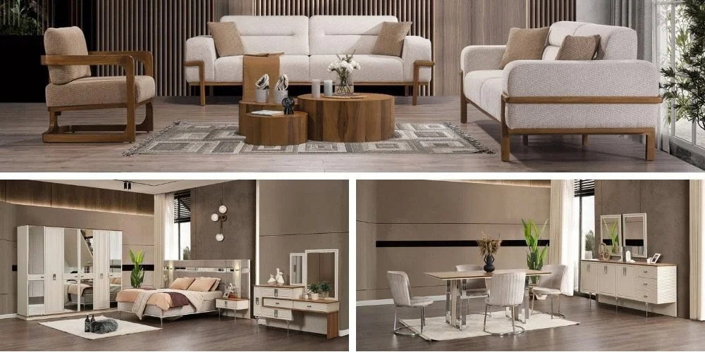 Asya Düğün Paketi, modern salon, yatak ve yemek odası takımlarını bir araya getiriyor. İnegöl mobilya Fiyatları ile şık çözümler.
