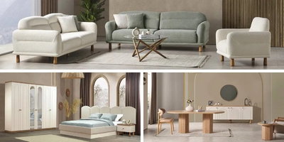 Bohemian Düğün Paketi; krem ve adaçayı yeşili koltuk takımı, kemer aynalı gardırop, kapitone yatak ve modern yemek odası ile inegöl mobilya kampanyaları.
