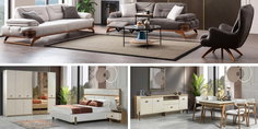 Modern Jaguar Wedding Package with beige sofa, cream mirrored bedroom set, and elegant dining set. Explore Inegol furniture campaigns for stylish homes.