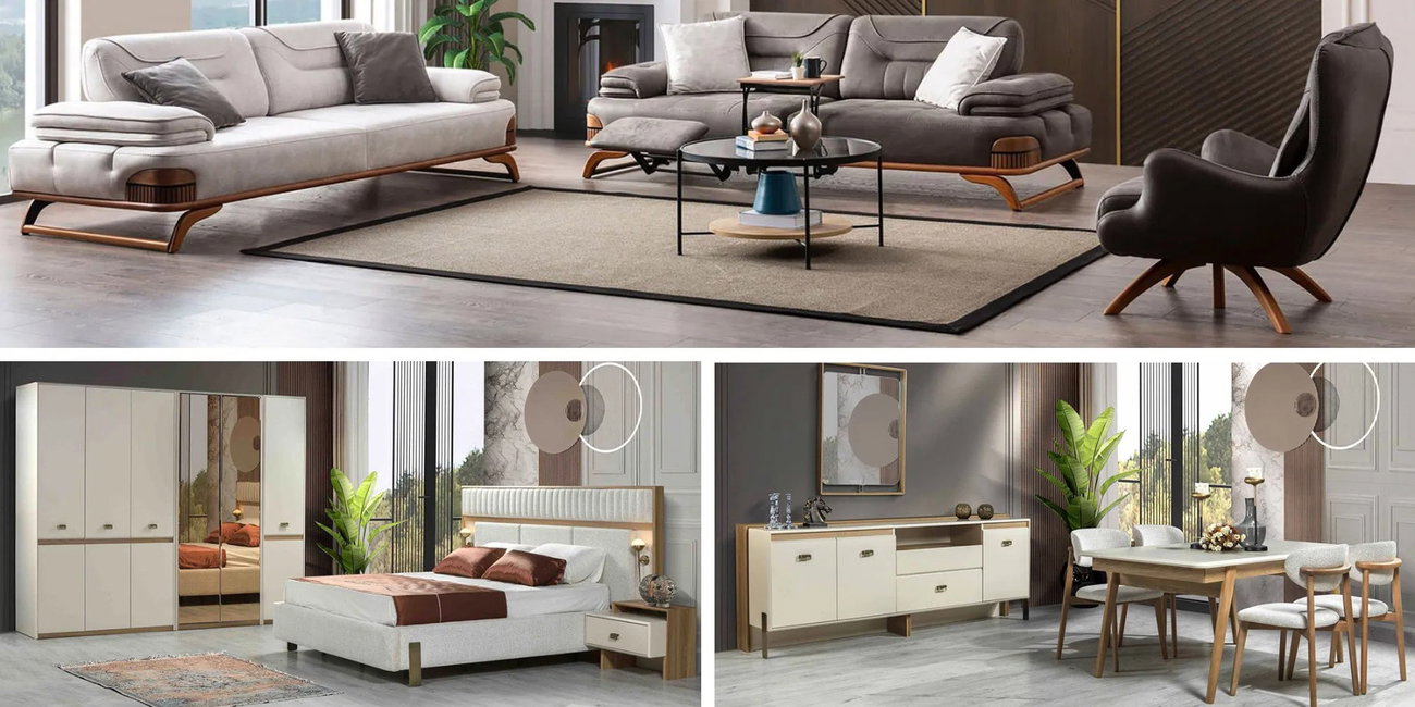 Modern Jaguar Wedding Package with beige sofa, cream mirrored bedroom set, and elegant dining set. Explore Inegol furniture campaigns for stylish homes.