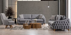 Gri chesterfield ve modern detaylı Arya Koltuk Takımı, ahşap sehpalar ve houndstooth berjer ile şık salon. İnegöl mobilya Fiyatları.