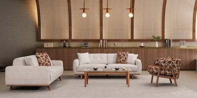 Modern salon dekorasyonunda yer alan bej renk Loft Koltuk Takımı, desenli berjer ve sehpa. Kaliteli İnegöl mobilya estetiği.