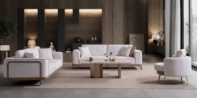 Şık ve konforlu, beyaz kumaşlı Premium Koltuk Takımı, modern tasarımlı salon dekorasyonunda yer alıyor. İnegöl mobilya modelleri arasında öne çıkan bu takım, ahşap detaylarla zenginleşiyor.