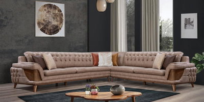 Modern tasarımlı Deniz Köşe Koltuk Takımı, şık tufted detayları ve ahşap kolları ile İnegöl mobilya Fiyatları arasında öne çıkıyor.