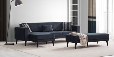 Modern tasarımlı Elita antrasit köşe koltuk takımı, uygun bir pufla tamamlanmıştır. Minimalist çizgileri ve konforlu yapısıyla İnegöl mobilya kalitesini yansıtır.
