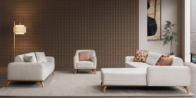 Krem renkli Loft Relax köşe koltuk takımı ve berjer, ahşap ayakları ile şık bir salon dekorasyonu sunar. Modern inegol mobilya.