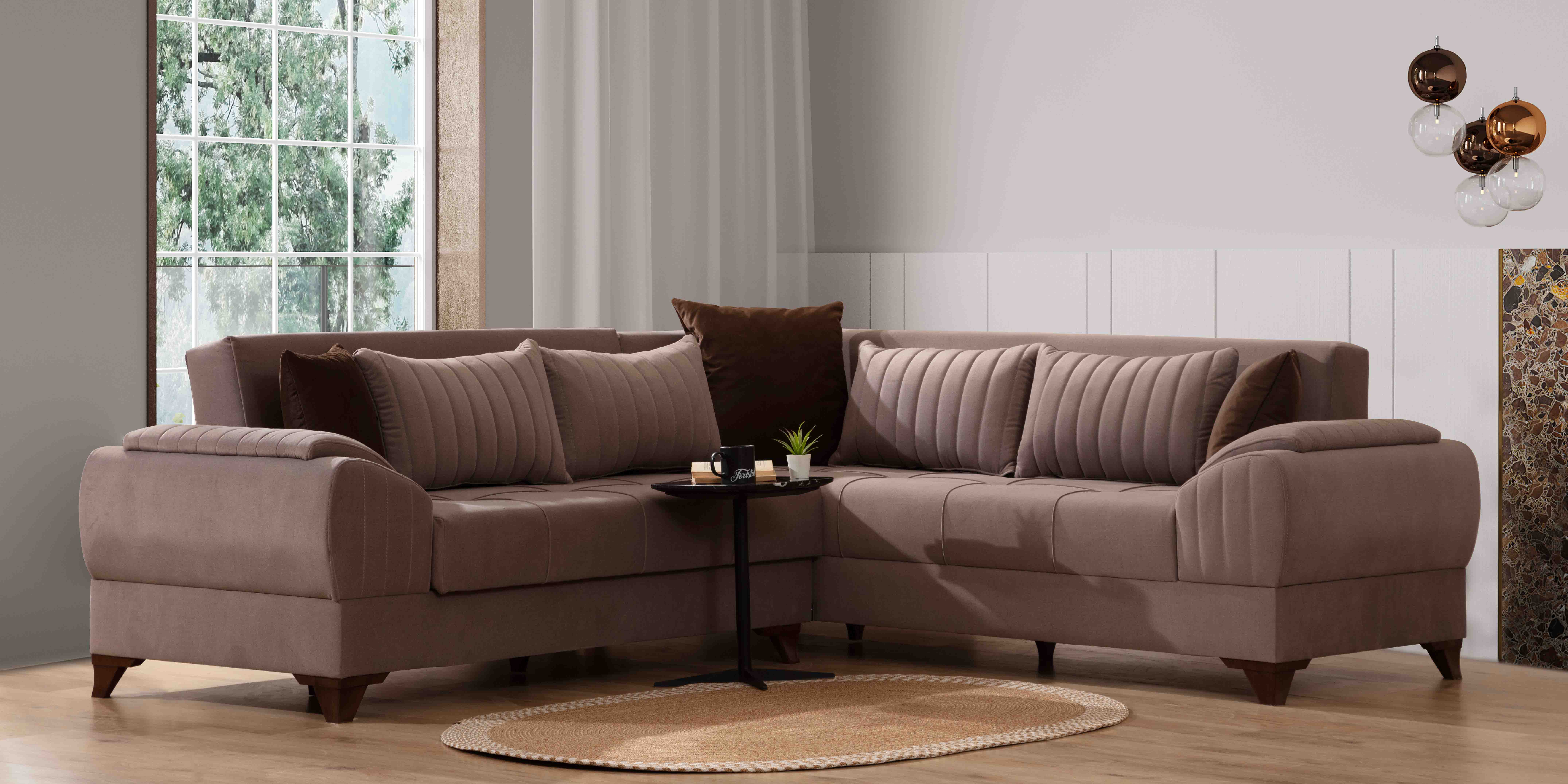 Modern Mercan Corner Sofa in warm brown. Comfortable, stylish, L-shaped sectional, ideal among İnegöl furniture models.