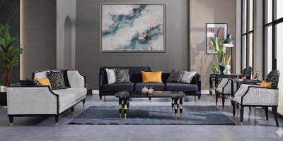 Siyah ve krem Viyana Koltuk Takımı, modern tasarım. Altın detaylı ayaklar ve desenli kırlentlerle lüks bir salon. Göz alıcı İnegöl mobilya modelleri.