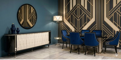 Art Deco tarzı Milano Yemek Odası Takımı, zarif mavi kadife sandalyeler ve şık büfesiyle modern yaşam alanları için ideal. İnegöl mobilya Fiyatları ile lüks deneyim.