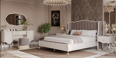 Monaco Luxury Yatak Odası Takımı, krem rengi yatak, başlığı kadife kaplı, şık makyaj masası ve komodinleriyle modern bir İnegöl mobilyası koleksiyonudur.