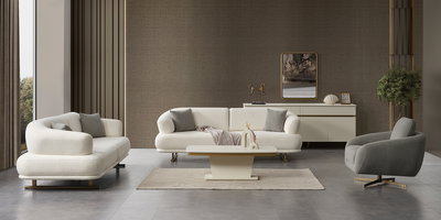 Modern beyaz bouclé dokulu Gloria Koltuk Takımı, gri berjer ve krem renkli sehpa ile şık bir salon dekoru sunuyor. Uygun Fiyatlı inegöl mobilya arayanlara özel.