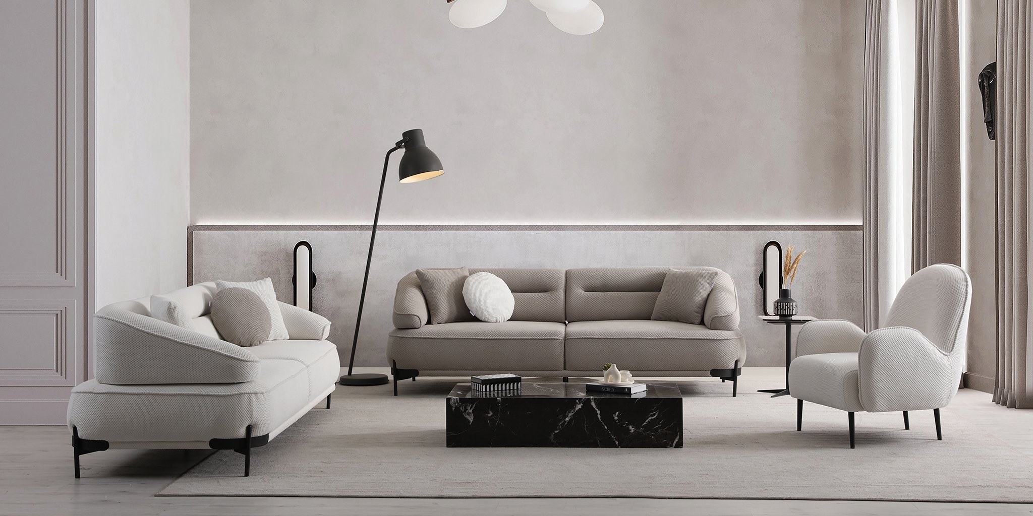 Modern Rodos Sofa Set in grey and beige tones with black-legged sofas and armchairs for living rooms. Bursa furniture quality.
