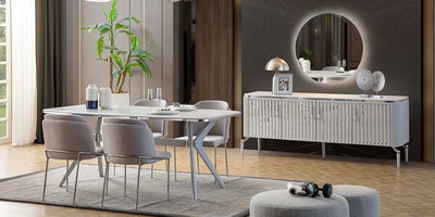 Şık gri sandalyeler ve beyaz parlak yüzeyli masadan oluşan modern Bianca Yemek Odası Takımı. Aydınlatmalı ayna ve konsolu ile tamamlanan bu İnegöl mobilyası, çağdaş bir yemek alanı sunar.