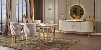 Modern lüks Tesla Yemek Odası Takımı Luxury, beyaz masa, kadife sandalyeler ve aynalı büfeden oluşur. İnegöl mobilya modelleri arasında şık bir seçim.