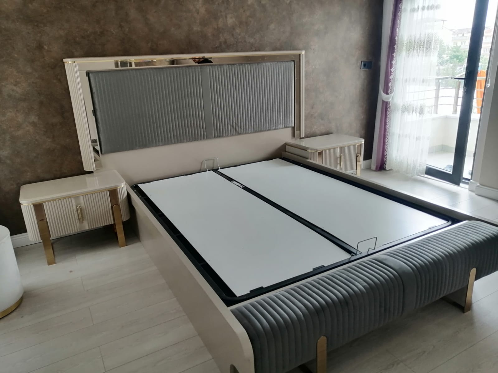 Modern design cream storage bed bedroom set with gray fabric details and matching nightstands, featuring inegol furniture quality.