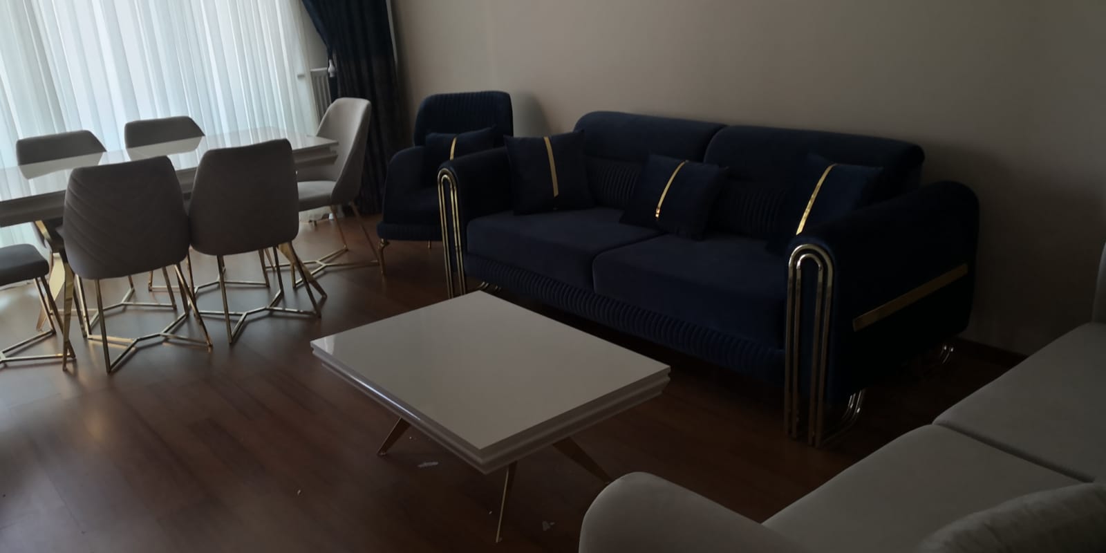 A modern navy velvet sofa set and a white dining table with gold-legged chairs, showcasing contemporary furniture styles.