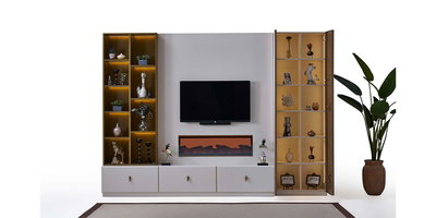Modern Asel Tv Ünitesi, beyaz duvar paneli, aydınlatmalı vitrin rafları, çekmeceli alt modül ve elektrikli şömine detayıyla dikkat çeker. İnegöl mobilya modelleri arasında şık bir seçenek.