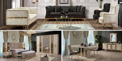Modern ve şık Bahar Düğün Paketi, altın detaylı salon, yatak ve yemek odası takımlarıyla evinizin atmosferini dönüştürün. Kaliteli inegol mobilya tasarımı.