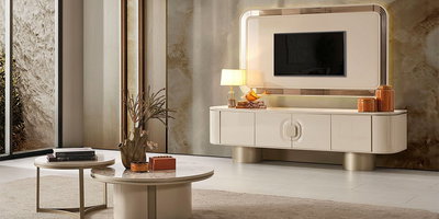 Krem rengi Farella Tv Ünitesi ve modern sehpaların yer aldığı şık salon. Bursa mobilya kalitesiyle estetik bir yaşam alanı.