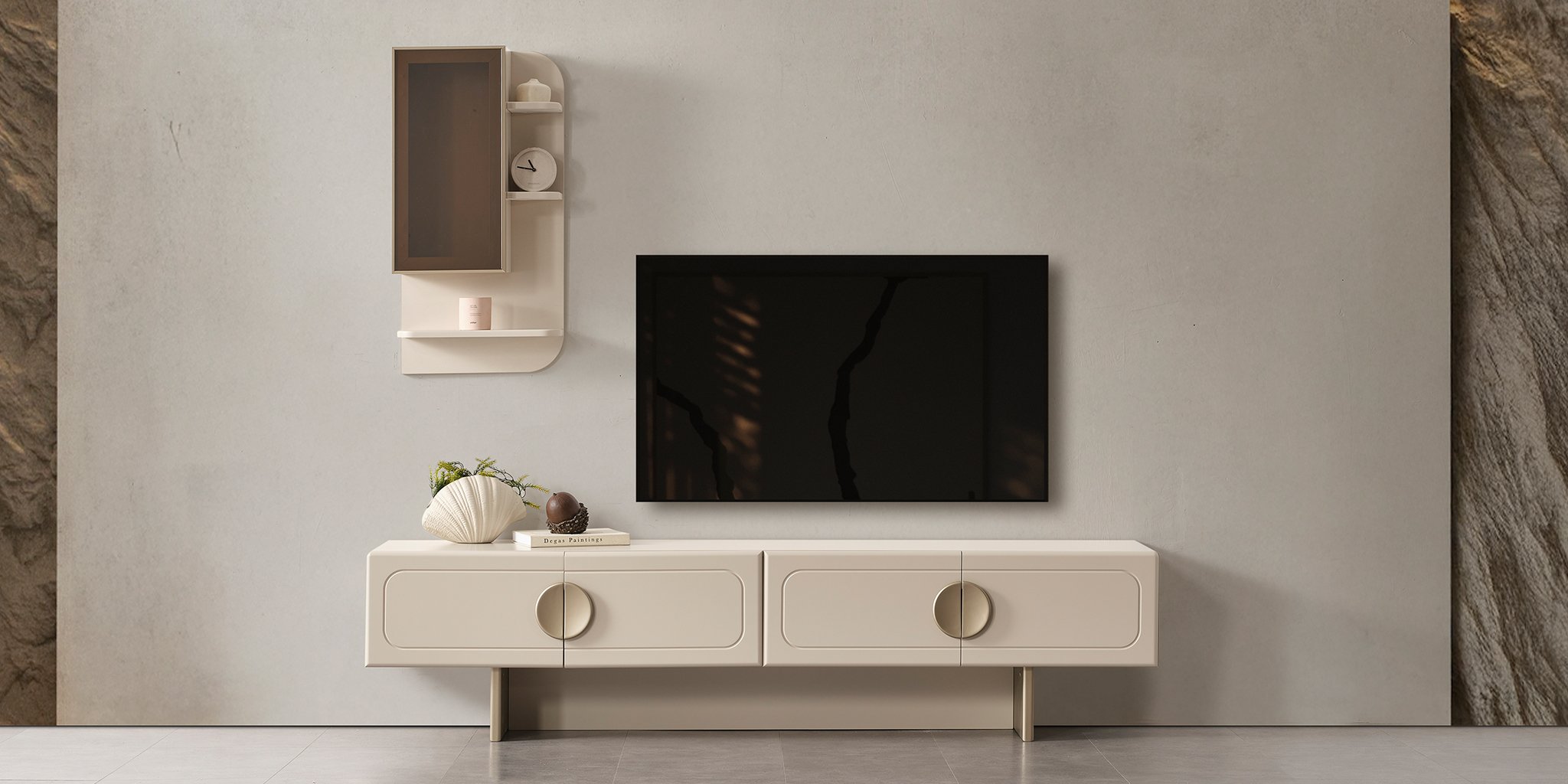 Elegantly designed cream Loft TV Unit with wall-mounted shelves, creating a modern living space. A stylish option among İnegöl furniture models.