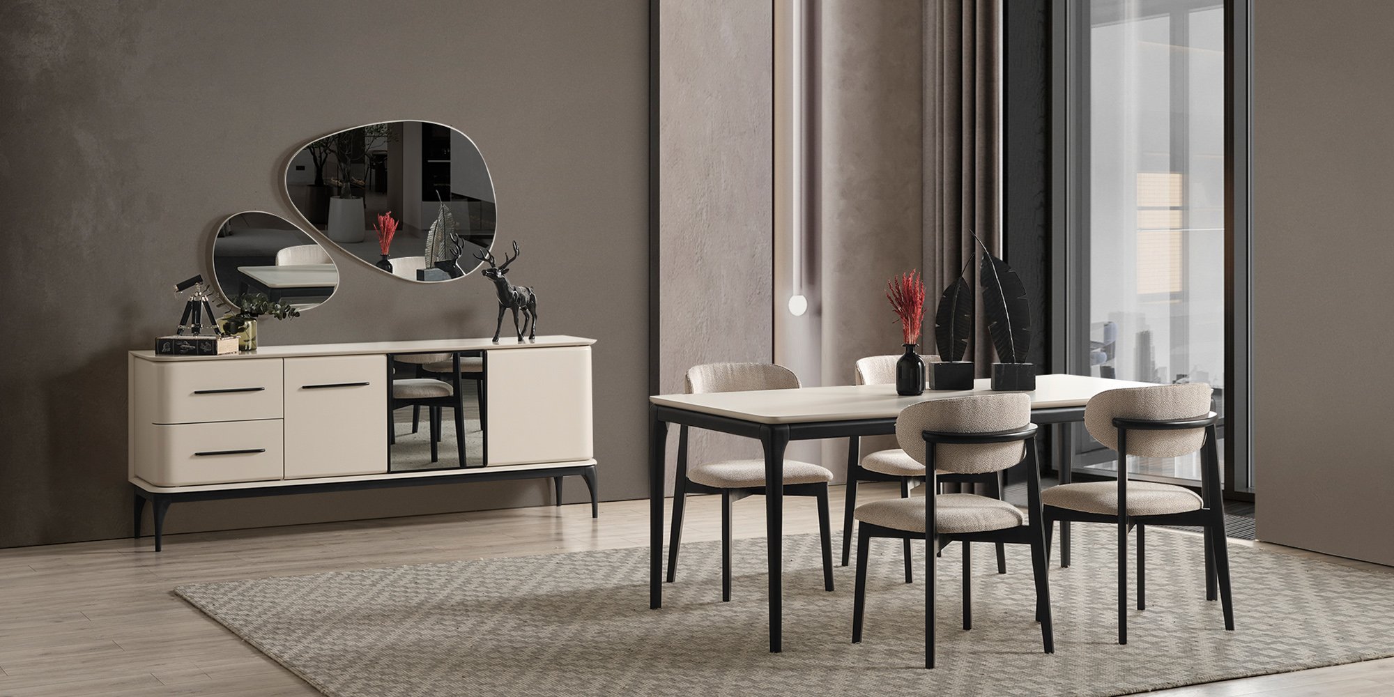Modern Destan dining set featuring an elegant cream console, decorative mirrors, and stylish chairs. Affordable Inegol furniture.