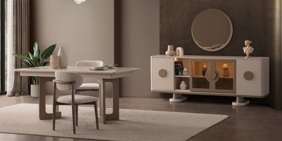 Modern Flora yemek odası takımında bej tonlarında masa, sandalyeler ve aydınlatmalı konsol. Uygun Fiyatlı inegöl mobilya arayanlar için ideal.