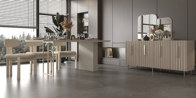 Doğal ahşap görünümlü modern Oslo yemek odası takımı, gri ve bej tonlarıyla şık bir atmosfer sunuyor. İnegöl mobilya Fiyatları.
