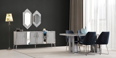 Modern sis gri Velar Yemek Odası Takımı konsol, geometrik aynalar, siyah sandalyeler, şık yemek masası. İnegöl mobilya kampanyaları fırsatları!
