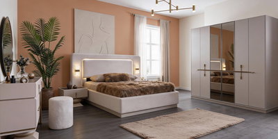 Şık Bonita Yatak Odası Takımı, aydınlatmalı başlığı ve aynalı gardırobuyla modern bir atmosfer sunuyor. İnegöl mobilya kalitesiyle estetik ve fonksiyonellik bir arada.