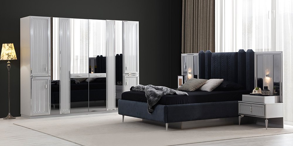 Velar Grey Bedroom Set, featuring a modern design with white mirrored wardrobes, dark grey bed, and elegant nightstands, reflecting the quality of İnegöl furniture models.
