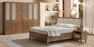 Rattan detaylı ceviz rengi Valeria yatak odası takımı, modern çizgileri ve İnegöl mobilyası kalitesiyle yatak odanızı dönüştürün.