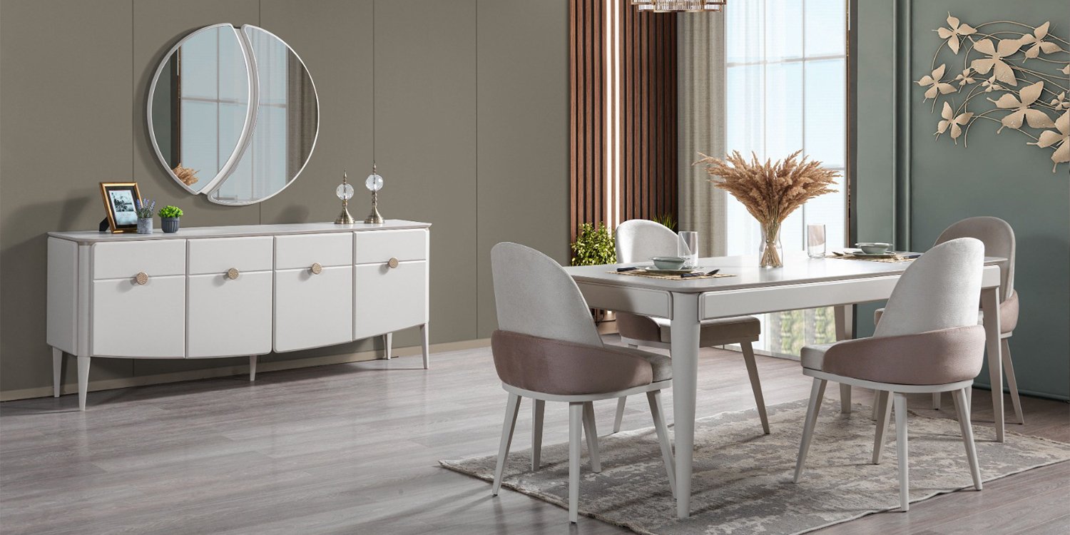 Elegant and modern Vegas Dining Room Set featuring a stylish sideboard, unique round mirror, and comfortable chairs. Quality Bursa furniture.