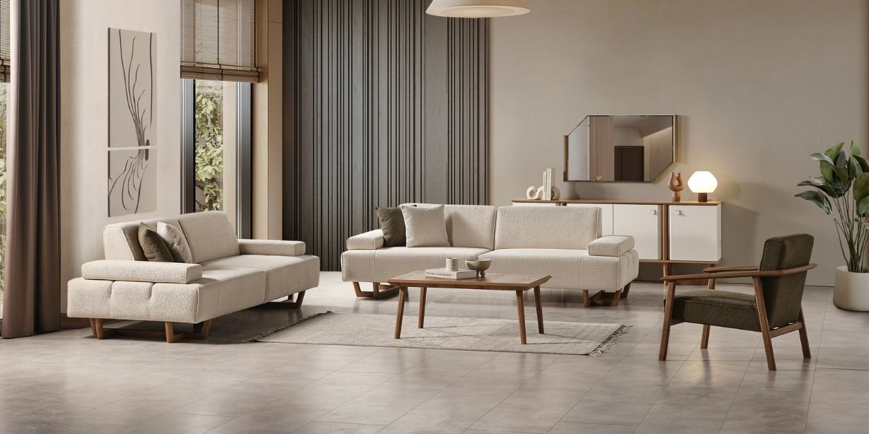 Cream Soft sofa set with walnut details, dark green armchair, coffee table in a modern living room. Affordable Inegol furniture.