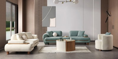 Modern çizgili Miami Koltuk Takımı, krem rengi köşe, mint yeşili ikili koltuklar ve berjer ile İnegöl mobilya kalitesini yansıtan bir salon seti.