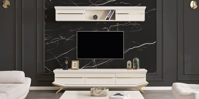 Şık siyah mermer duvara monte edilmiş, altın detaylı bej Asos Gold Tv Ünitesi ve uyumlu rafı. En yeni İnegöl mobilya modelleri arasında estetik ve fonksiyonelliği bir araya getiriyor.