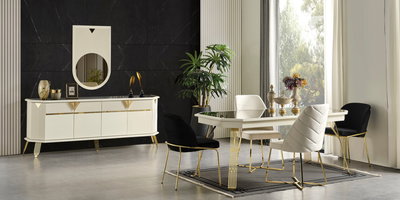Modern City Yemek Odası Takımı, krem ve altın detaylarla şıklığı birleştiriyor. Konsol ve sandalyelerle lüks bir inegol mobilya deneyimi.