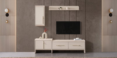 Minimalist Defne Tv Ünitesi, krem rengi ve altın detaylarıyla çağdaş bir görünüm sunar. inegöl mobilya kampanyaları ile bu şık takımı keşfedin.