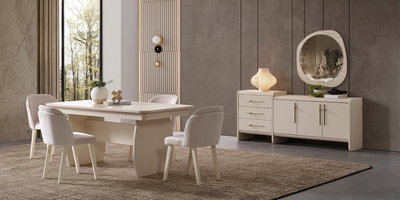 Modern bej Defne yemek odası takımı, dört sandalyeli masa, büfe ve ayna seti. Salonunuza şıklık katın, en uygun İnegöl mobilya Fiyatları ile.