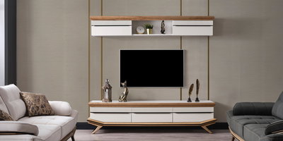 Beyaz ve ahşap detaylara sahip, modern ve şık Elize Ahşap Tv Ünitesi. Kaliteli İnegöl mobilya üretimiyle evinizde fark yaratın.